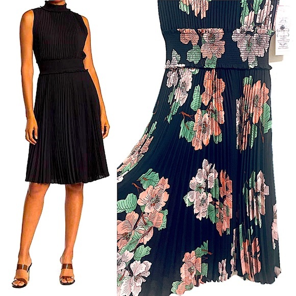 NWT Anthropologie Smocked Floral Sleeveless Midi Dress, Black Peach - Picture 2 of 16